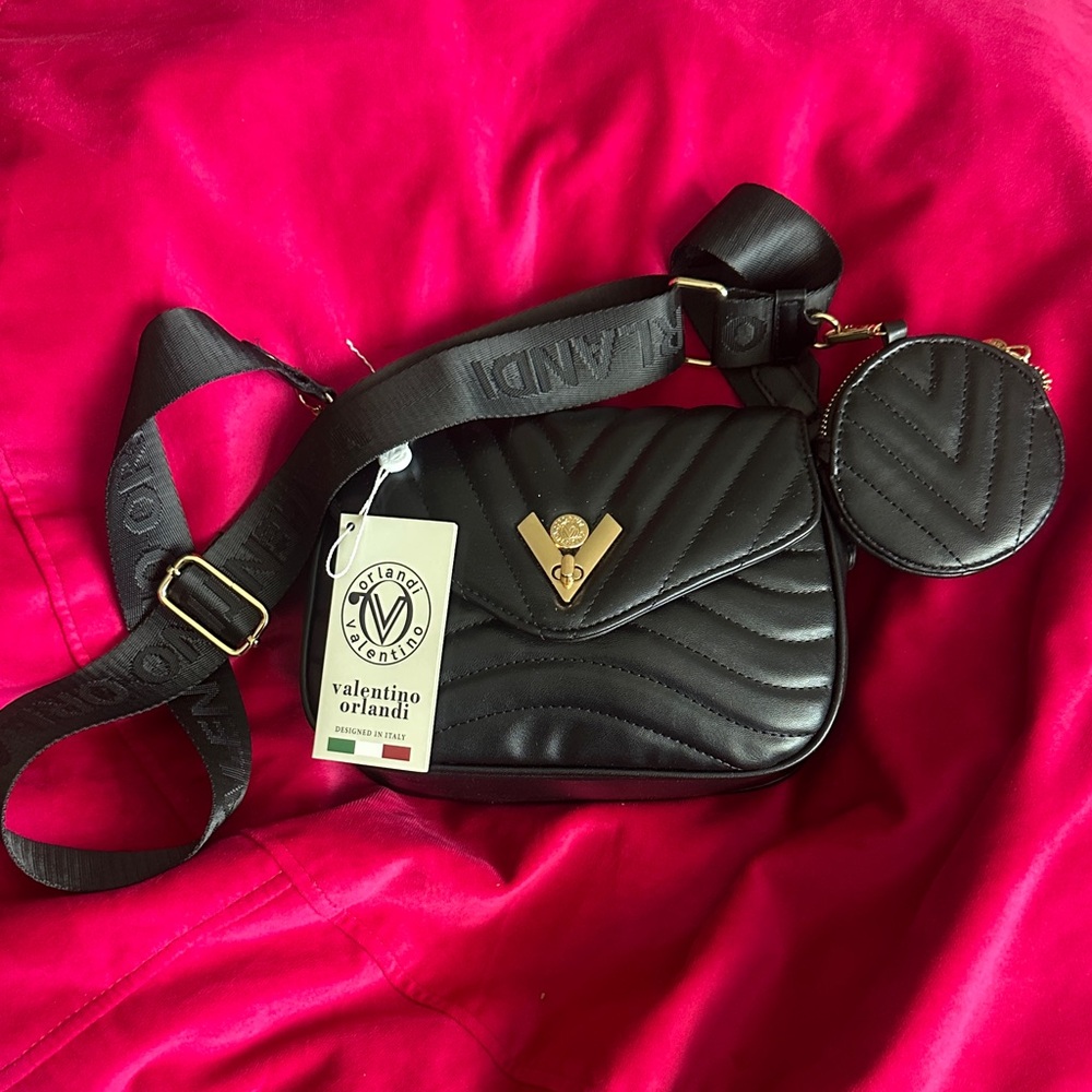 Valentino Orlandi Black Quilted Crossbody Bag with Coin Pouch and Gold Hardware
